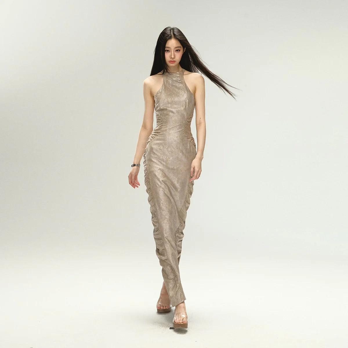 Shiny Pleated Sleeveless Dress - Image 3