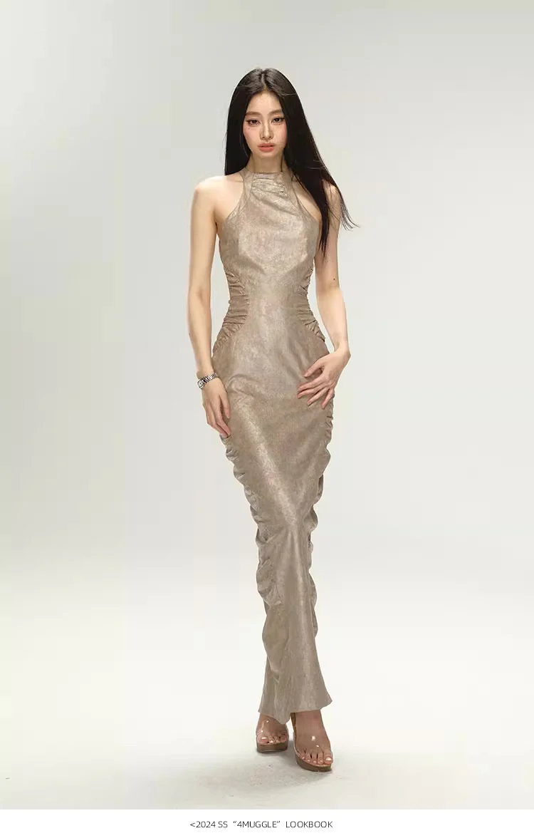 Shiny Pleated Sleeveless Dress - Image 6