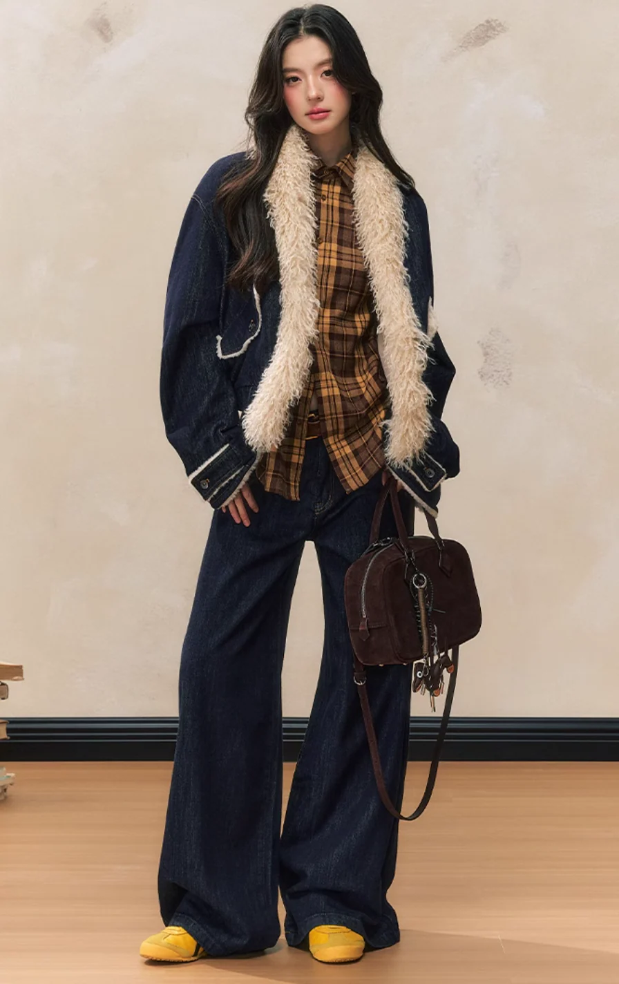 Loose denim plush jacket wide-leg jeans versatile suit - Image 5