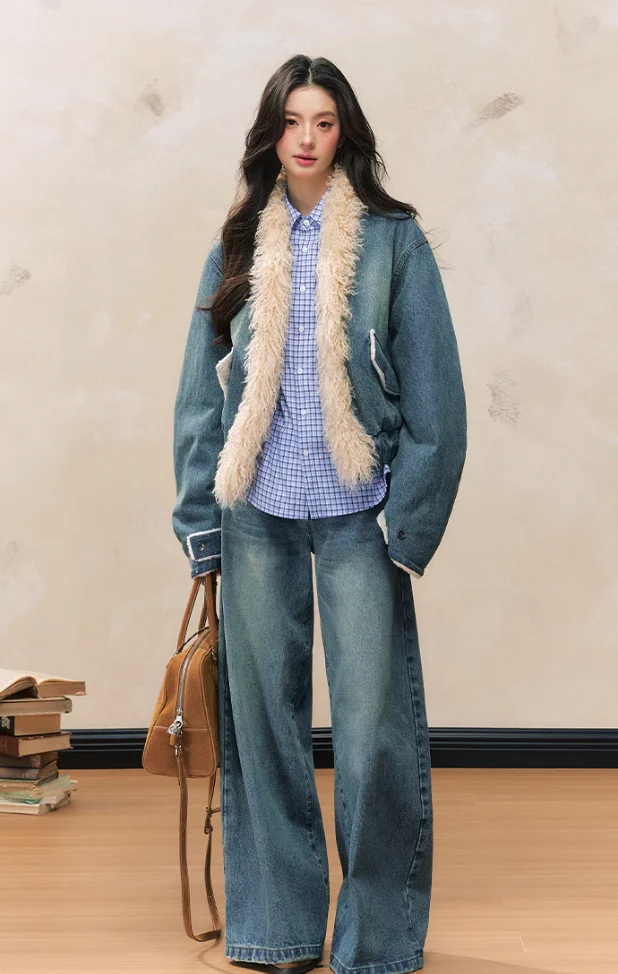 Loose denim plush jacket wide-leg jeans versatile suit - Image 6