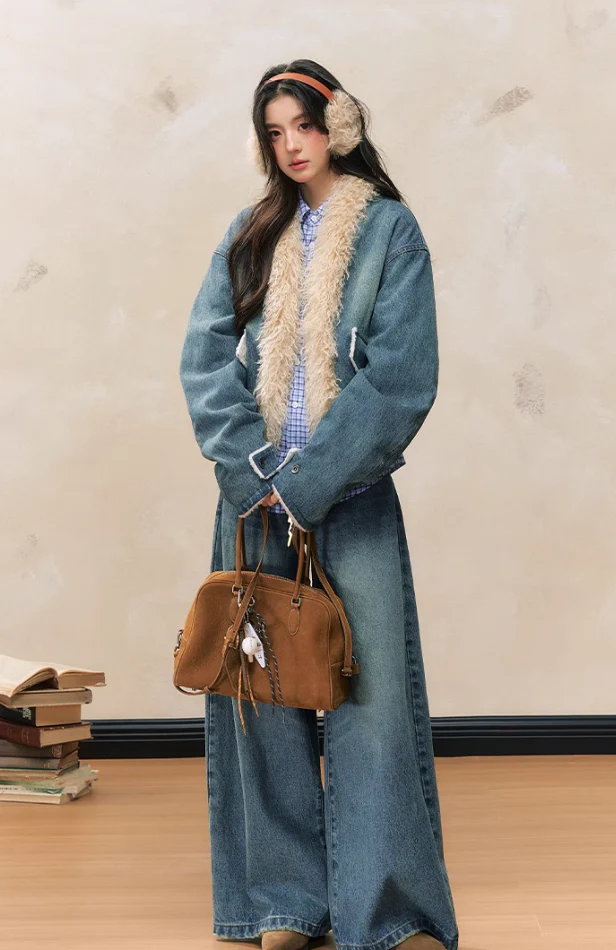 Loose denim plush jacket wide-leg jeans versatile suit - Image 7