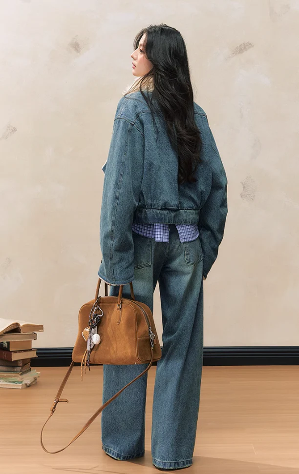 Loose denim plush jacket wide-leg jeans versatile suit - Image 8