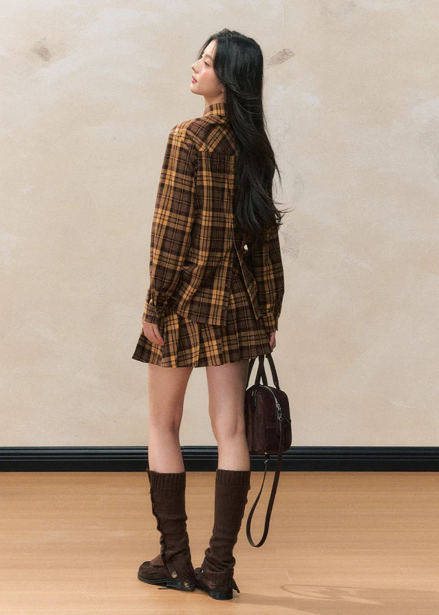 Yellow plaid sleeve slim top pleated skirt suit - Image 3