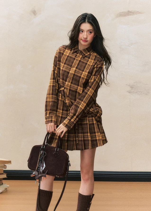 Yellow plaid sleeve slim top pleated skirt suit - Image 4