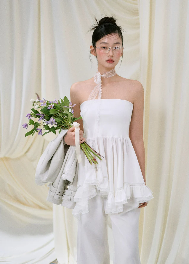 Asymmetrical Strapless Top & Skirt Set with Lace Detail - Image 3
