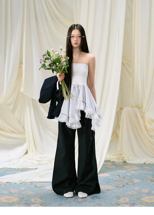 Asymmetrical Strapless Top & Skirt Set with Lace Detail - Image 5