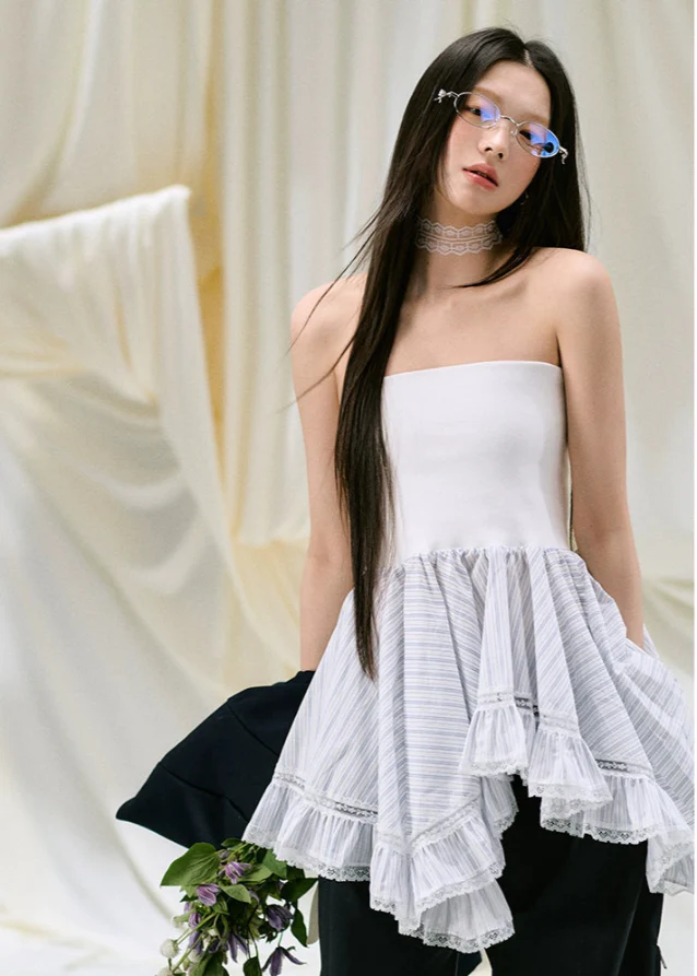 Asymmetrical Strapless Top & Skirt Set with Lace Detail - Image 7