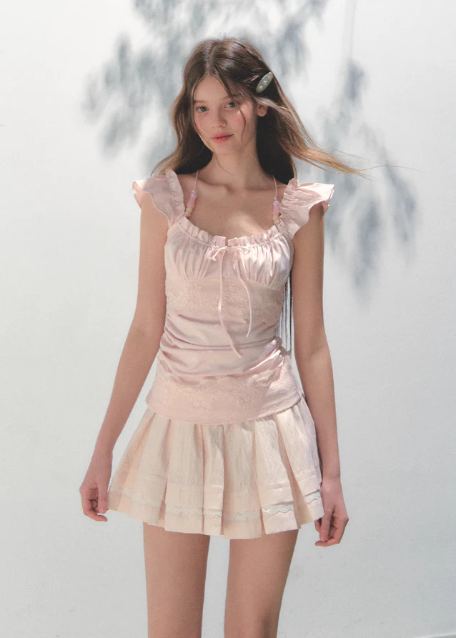 Pink Lace Square Collar Strap Top - Image 10