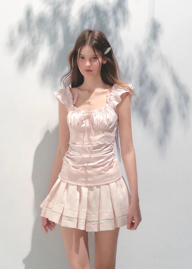 Pink Lace Square Collar Strap Top - Image 8