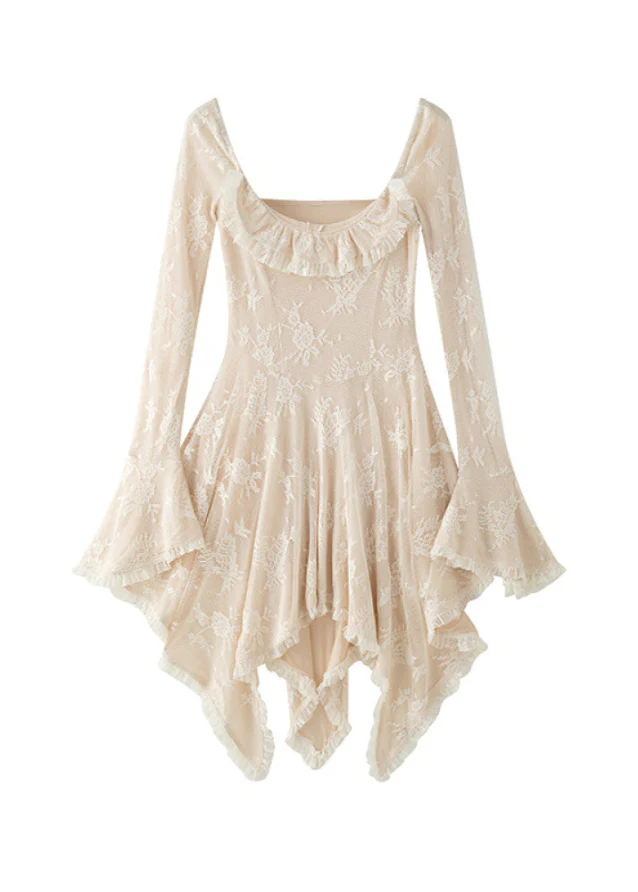 Beige Lace Square Collar Irregular Long Sleeve Dress - Image 4