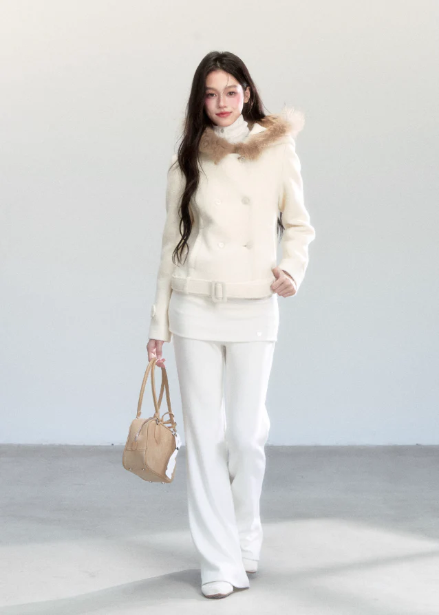 Beige Whisper Fur Collar Coat - Image 8