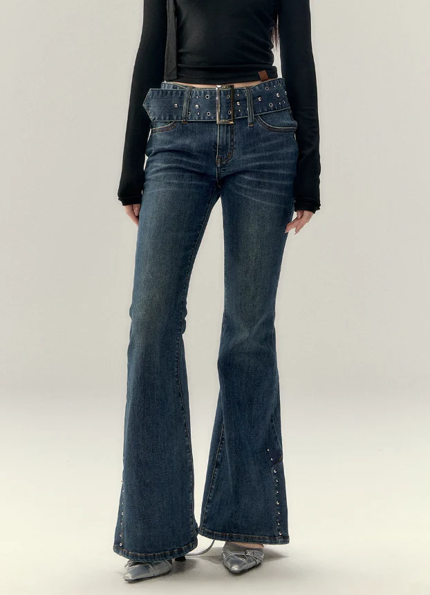 Slim Fit Belted Flare Jeans - Image 3