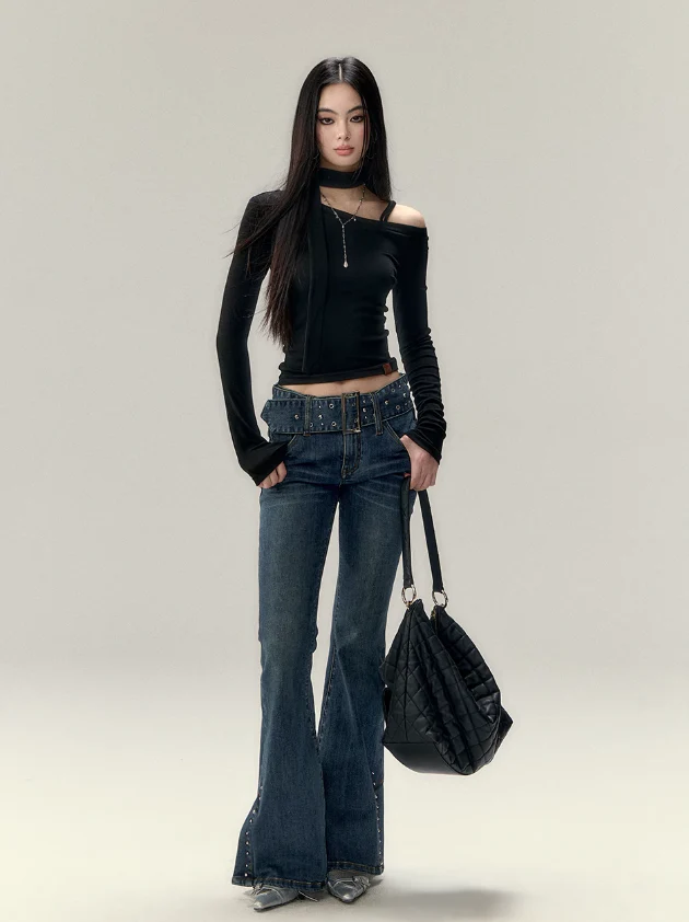 Slim Fit Belted Flare Jeans - Image 4