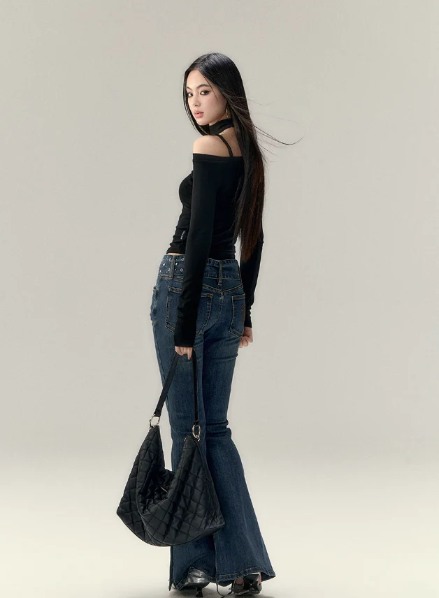 Slim Fit Belted Flare Jeans - Image 5