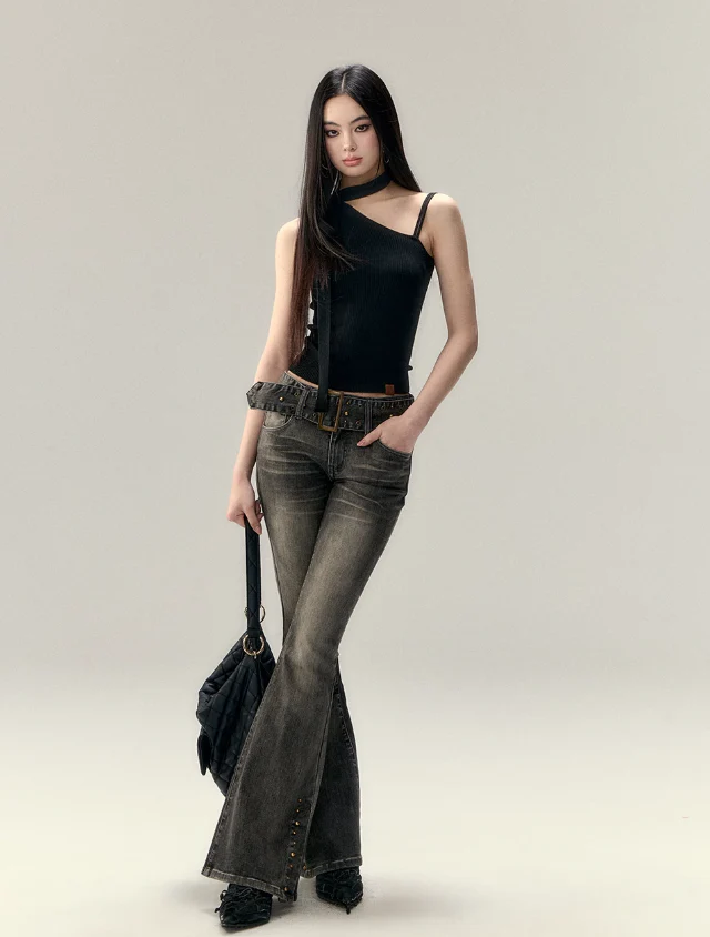 Slim Fit Belted Flare Jeans - Image 9