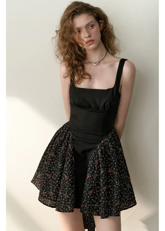 Black & White Floral Patchwork Bow Strap Dress - Image 3