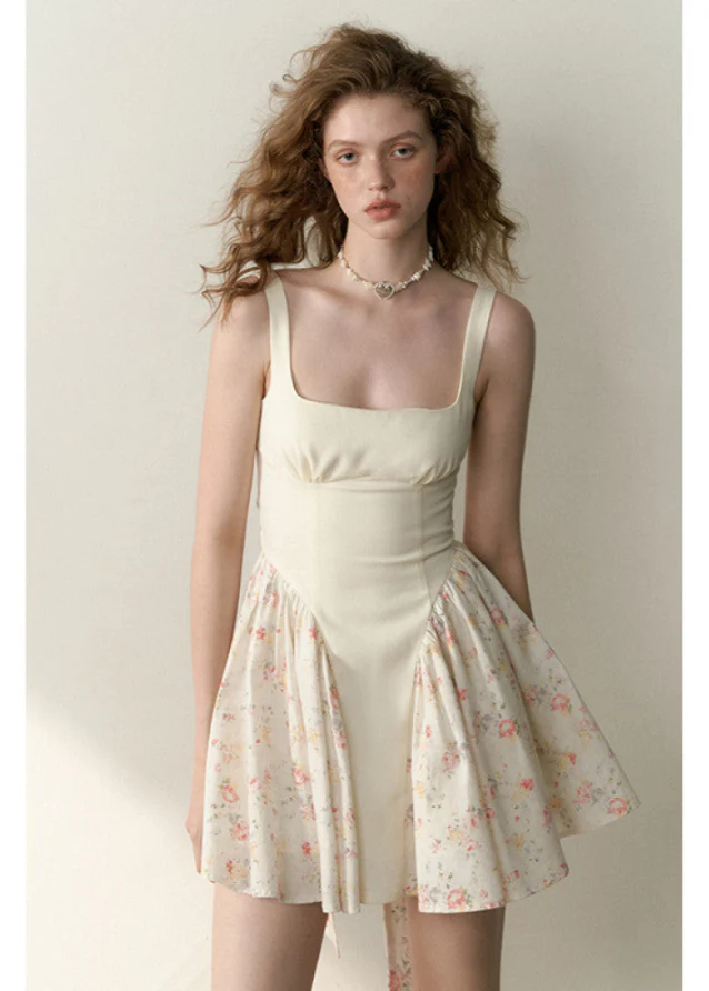 Black & White Floral Patchwork Bow Strap Dress - Image 4
