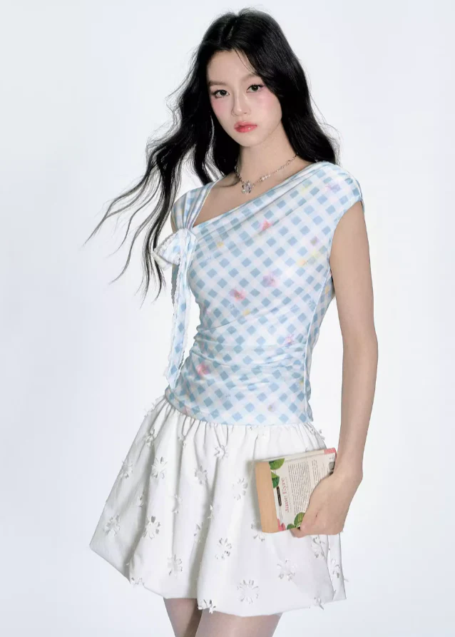 Blue Check One-Shoulder Tee - Image 8