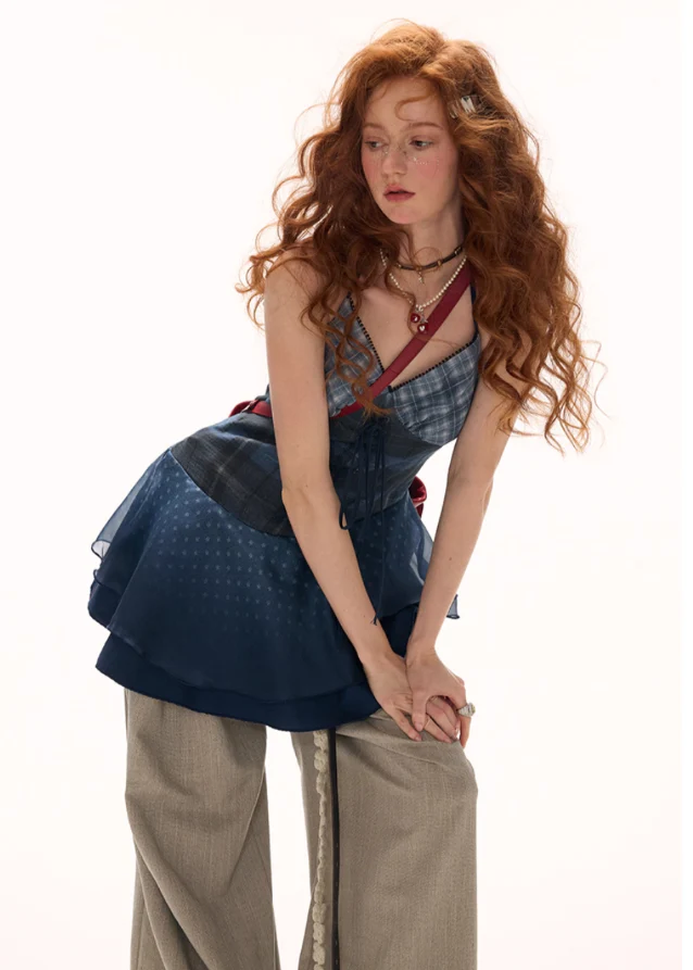 Blue Plaid Spliced Slip Dress - Image 7