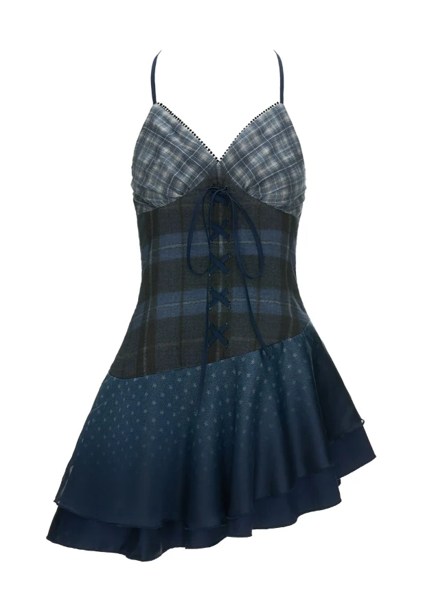 Blue Plaid Spliced Slip Dress - Image 9