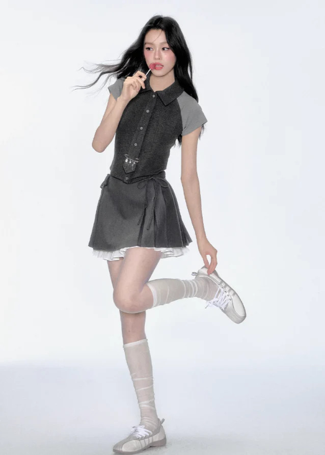Korean Contrast Tie Skirt Set - Image 3