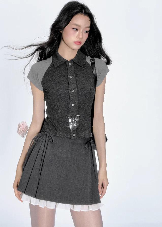 Korean Contrast Tie Skirt Set - Image 5