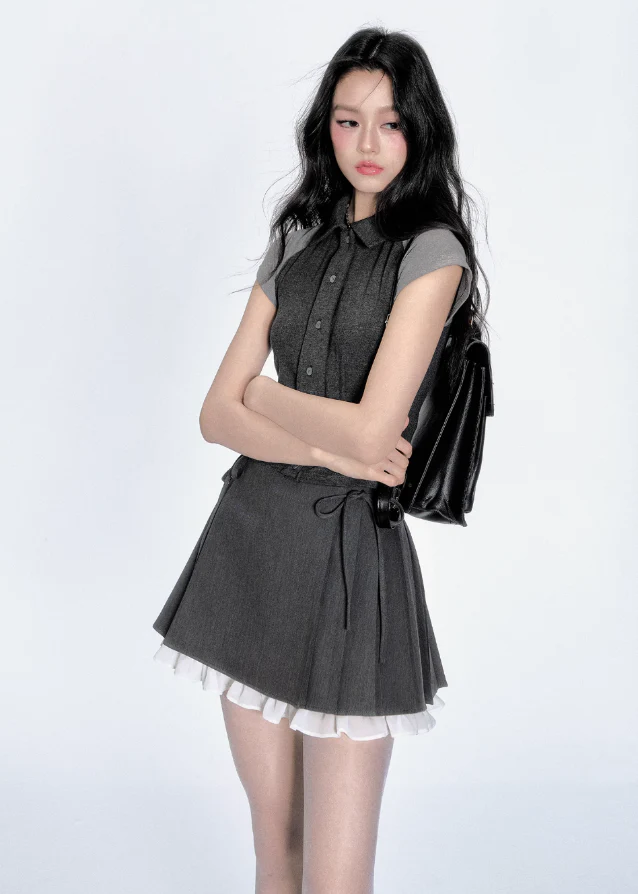 Korean Contrast Tie Skirt Set - Image 7
