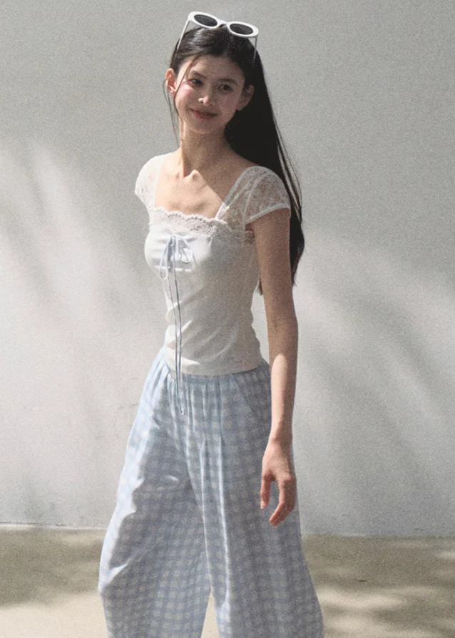 Cotton Lace Bow Short Sleeve Top - Image 4