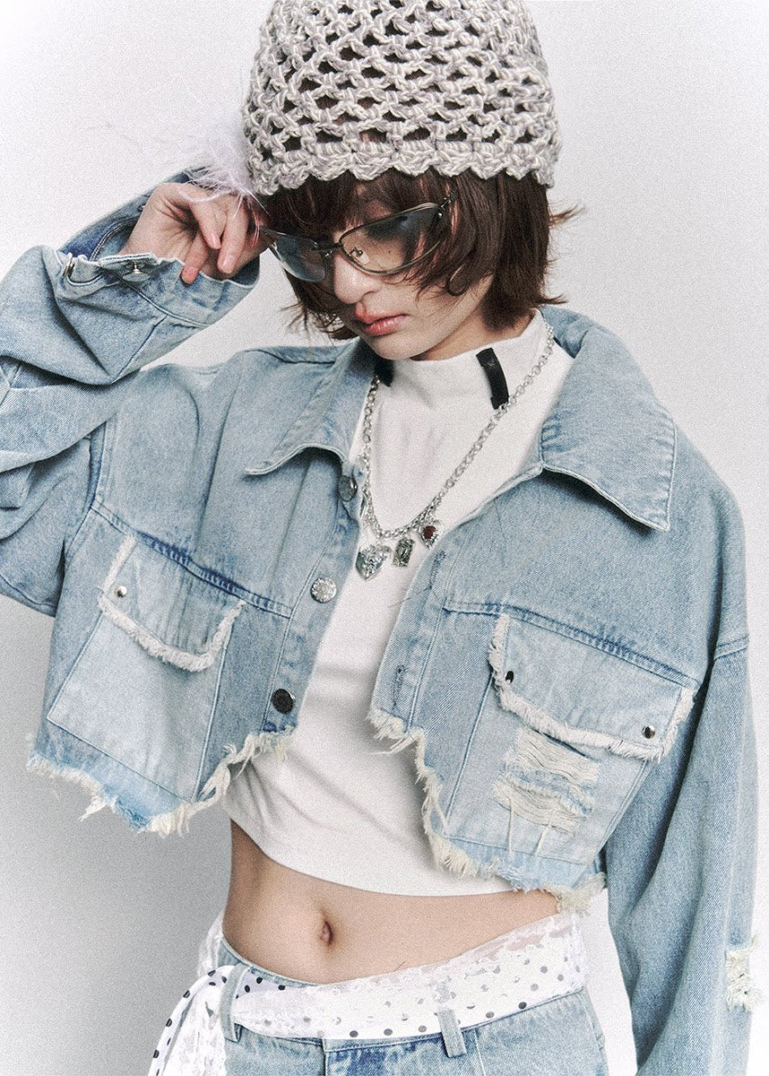 Cutline Cropped Denim Jacket - Image 2