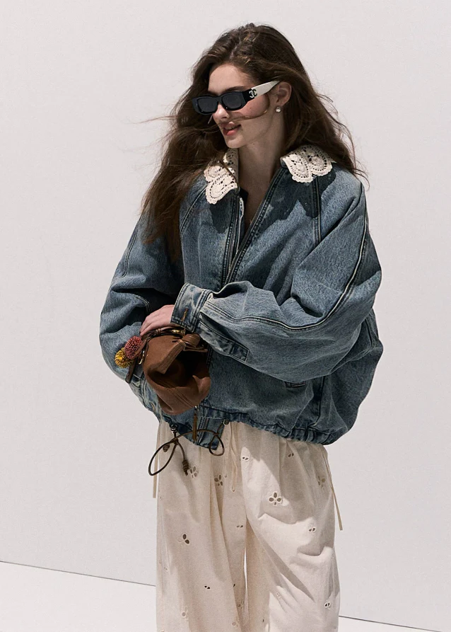 Denim Padded Jacket Set Crochet Collar & Skirt - Image 3