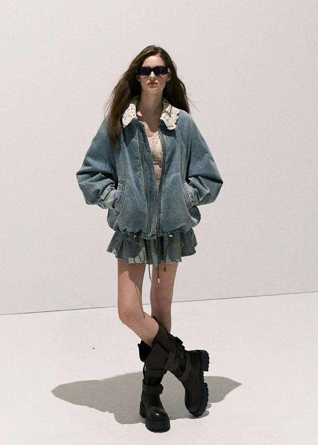 Denim Padded Jacket Set Crochet Collar & Skirt - Image 4