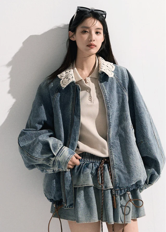 Denim Padded Jacket Set Crochet Collar & Skirt - Image 5