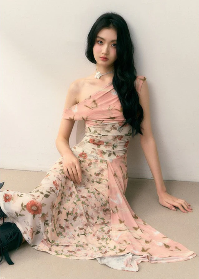 Diagonal shoulder patchwork floral dress - Image 3