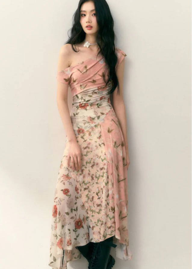 Diagonal shoulder patchwork floral dress - Image 4