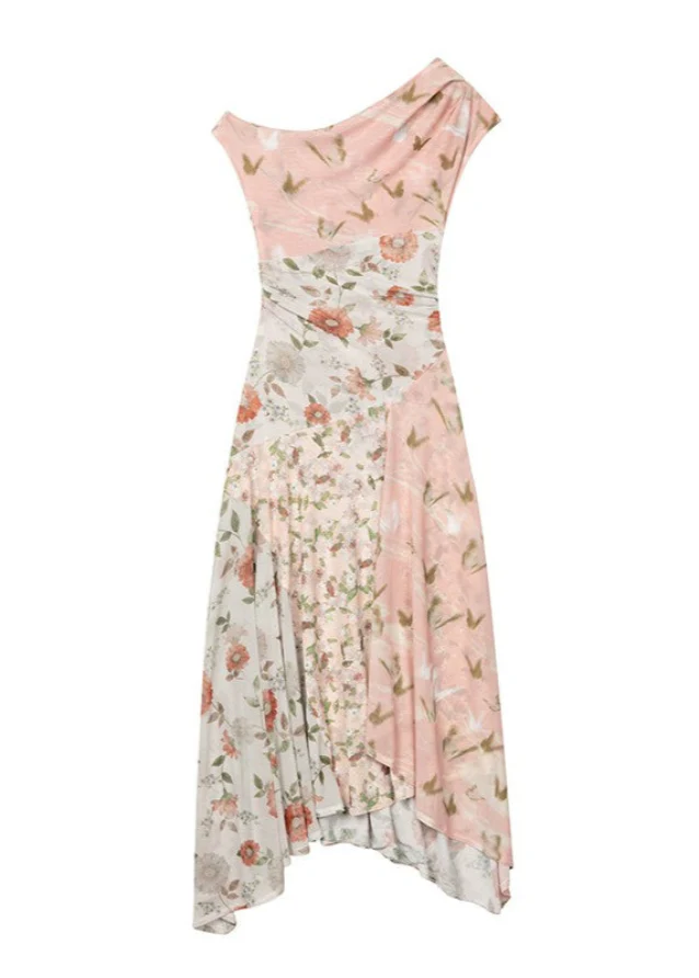 Diagonal shoulder patchwork floral dress - Image 5
