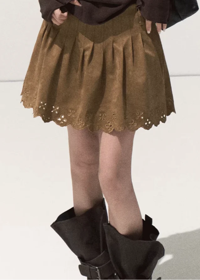 Earth Bloom Laser-Cut Suede Skirt