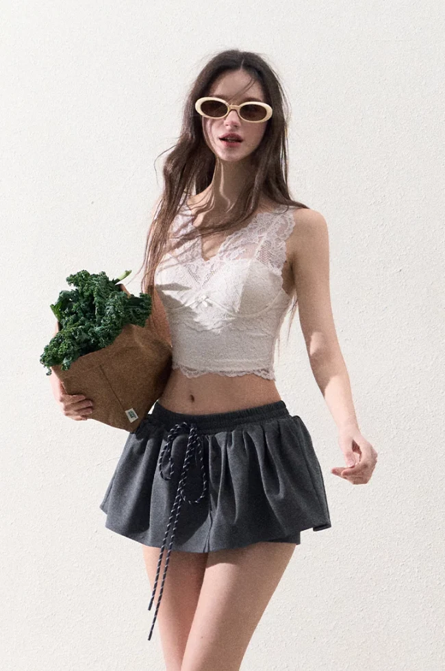 Elastic waist drawstring short skirt flower bud puffy skirt - Image 11