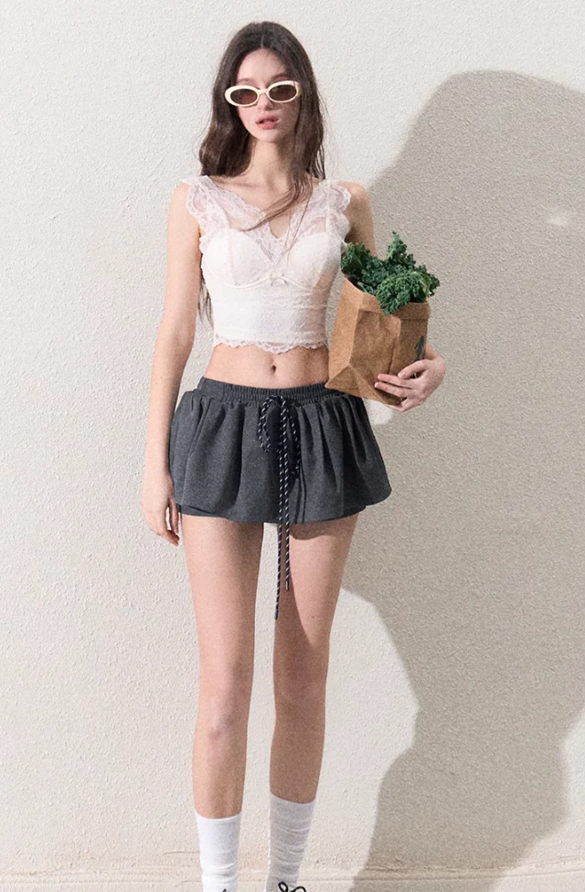 Elastic waist drawstring short skirt flower bud puffy skirt - Image 3