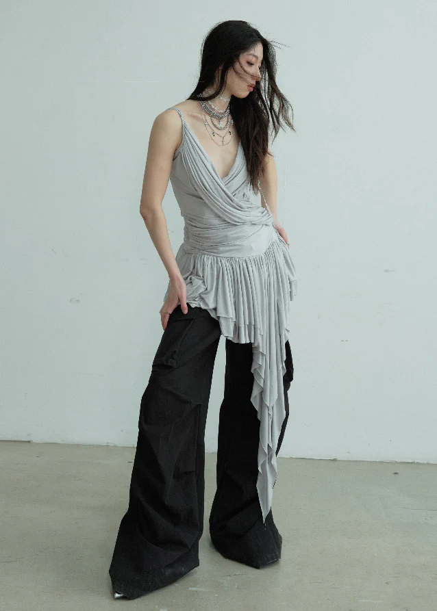 Elegant Sculptural Pleated Deep V Top - Image 4