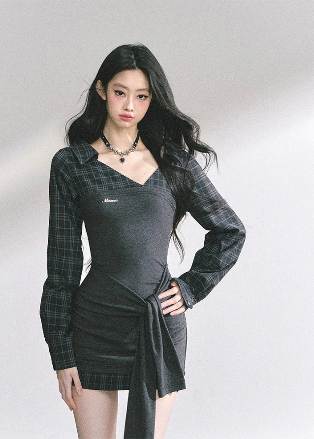 Élise Check Drapé Dress - Image 3