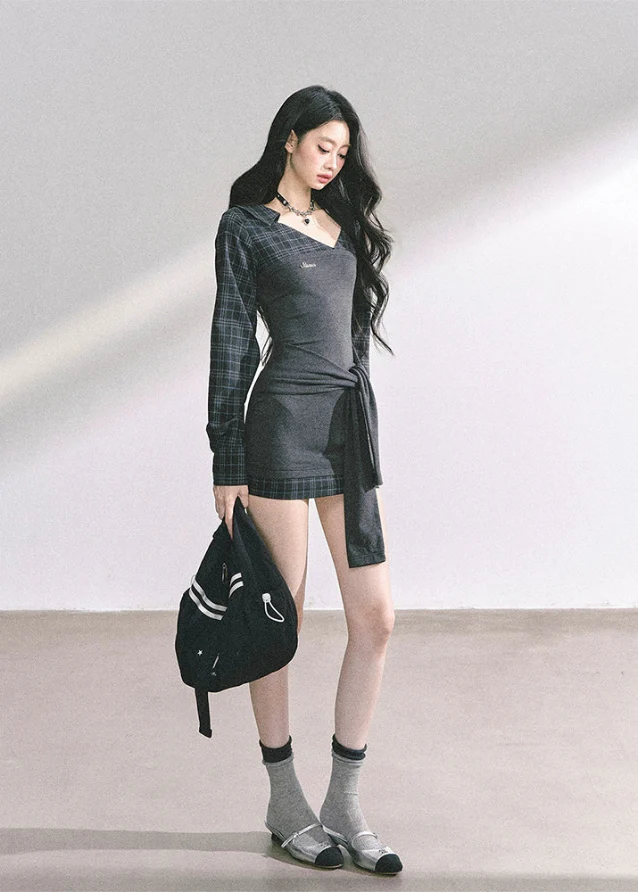 Élise Check Drapé Dress - Image 5