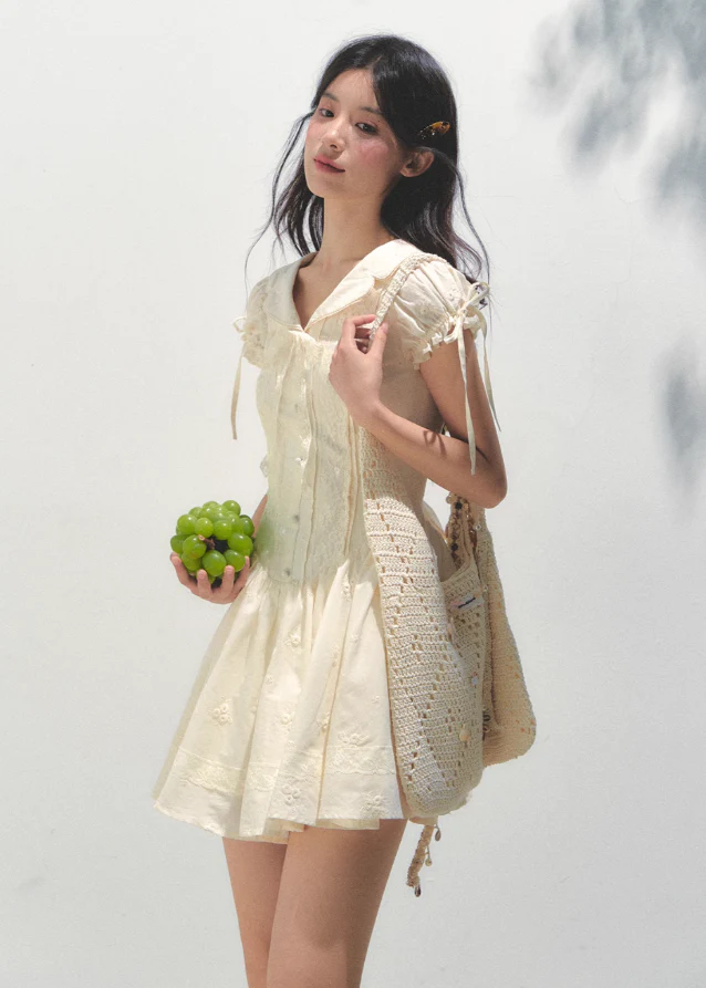 Embroidered Bubble Sleeve Tea Dress