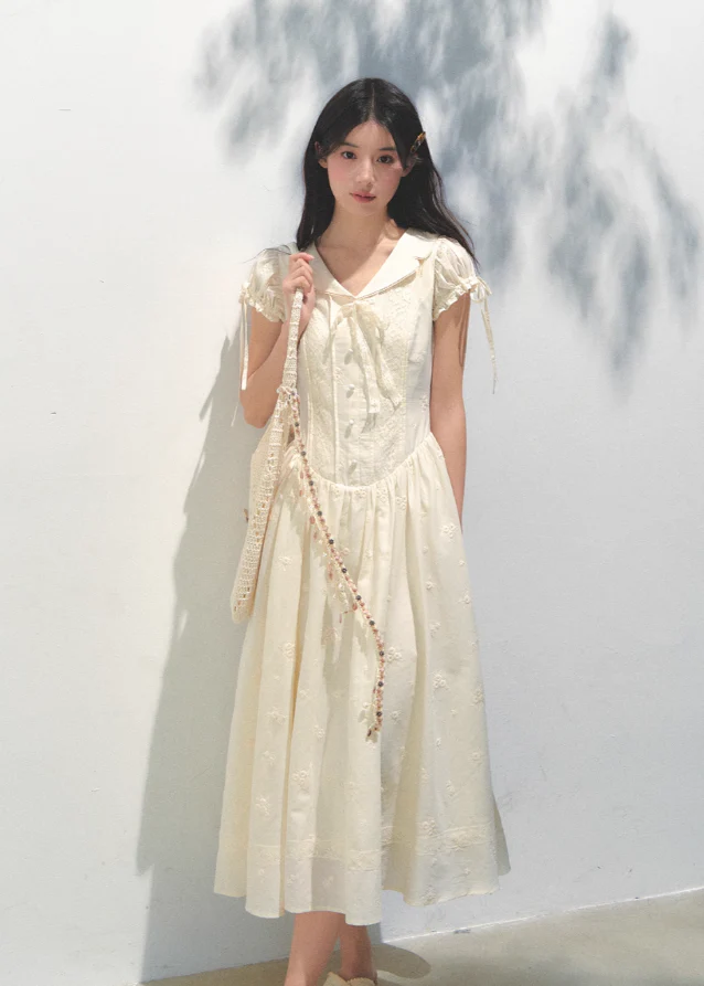Embroidered Bubble Sleeve Tea Dress - Image 2