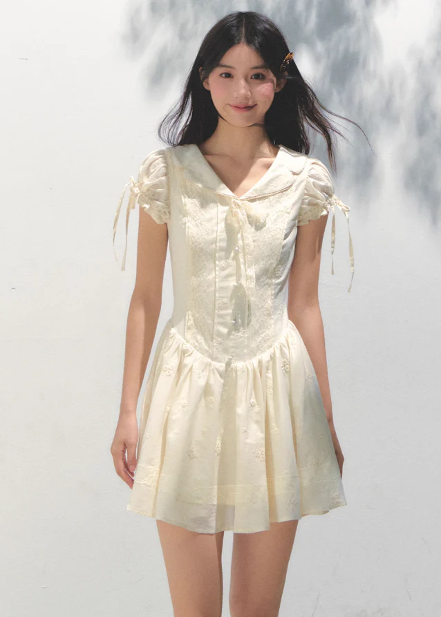 Embroidered Bubble Sleeve Tea Dress - Image 3