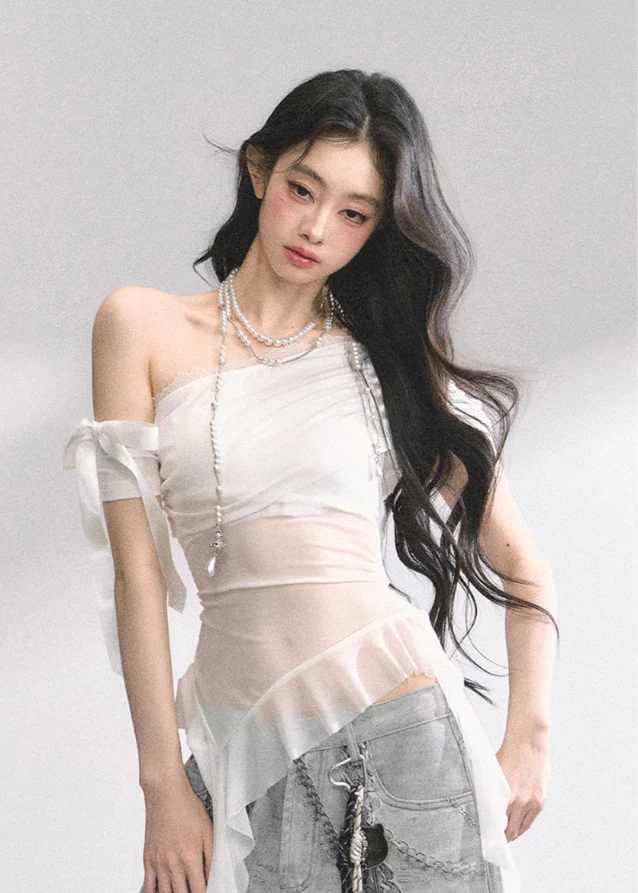 Sheer Mesh Off-Shoulder T-Shirt - Image 2