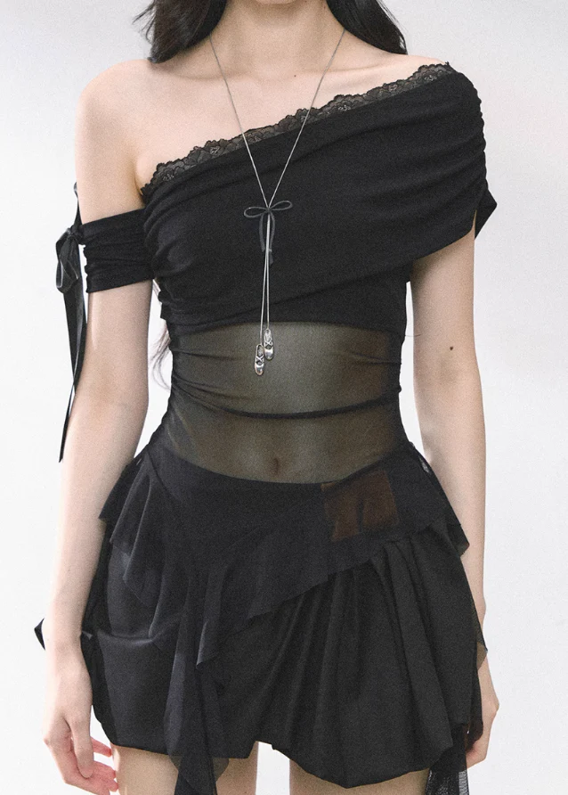Sheer Mesh Off-Shoulder T-Shirt - Image 8