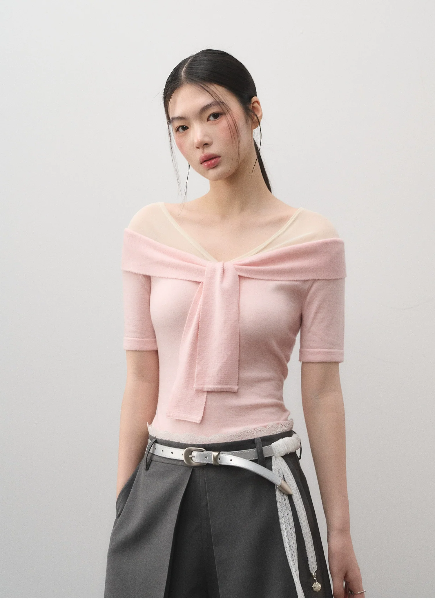 Flirty Off-Shoulder Twist Top with Mesh Details - Image 8