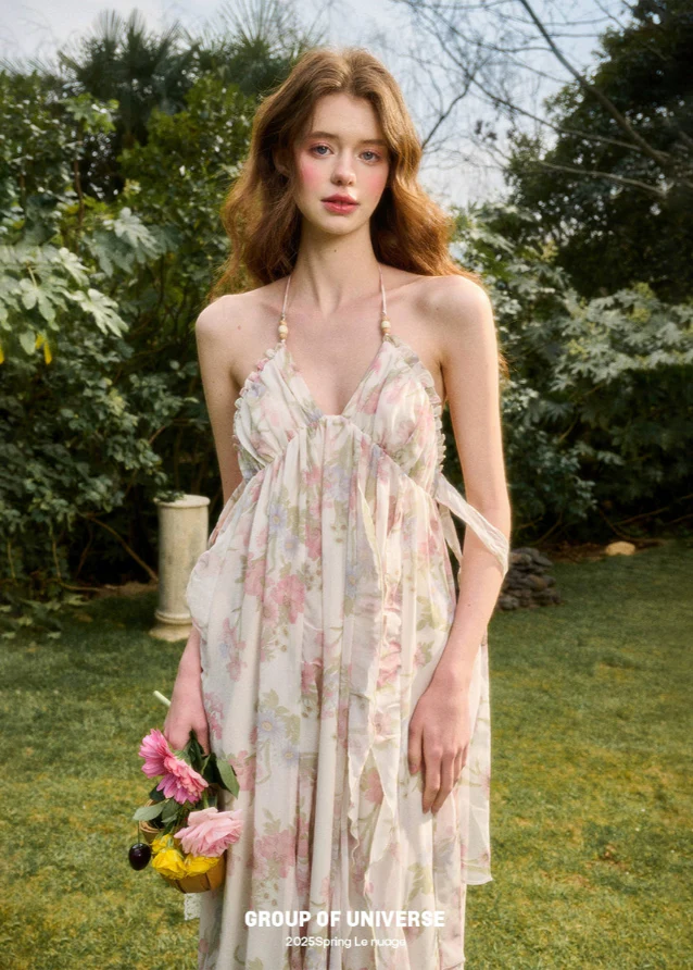 Floral Oil Painting Halter Neck Resort Dress - Image 3