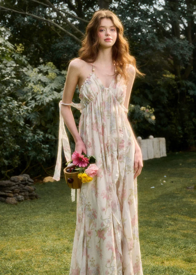 Floral Oil Painting Halter Neck Resort Dress - Image 4
