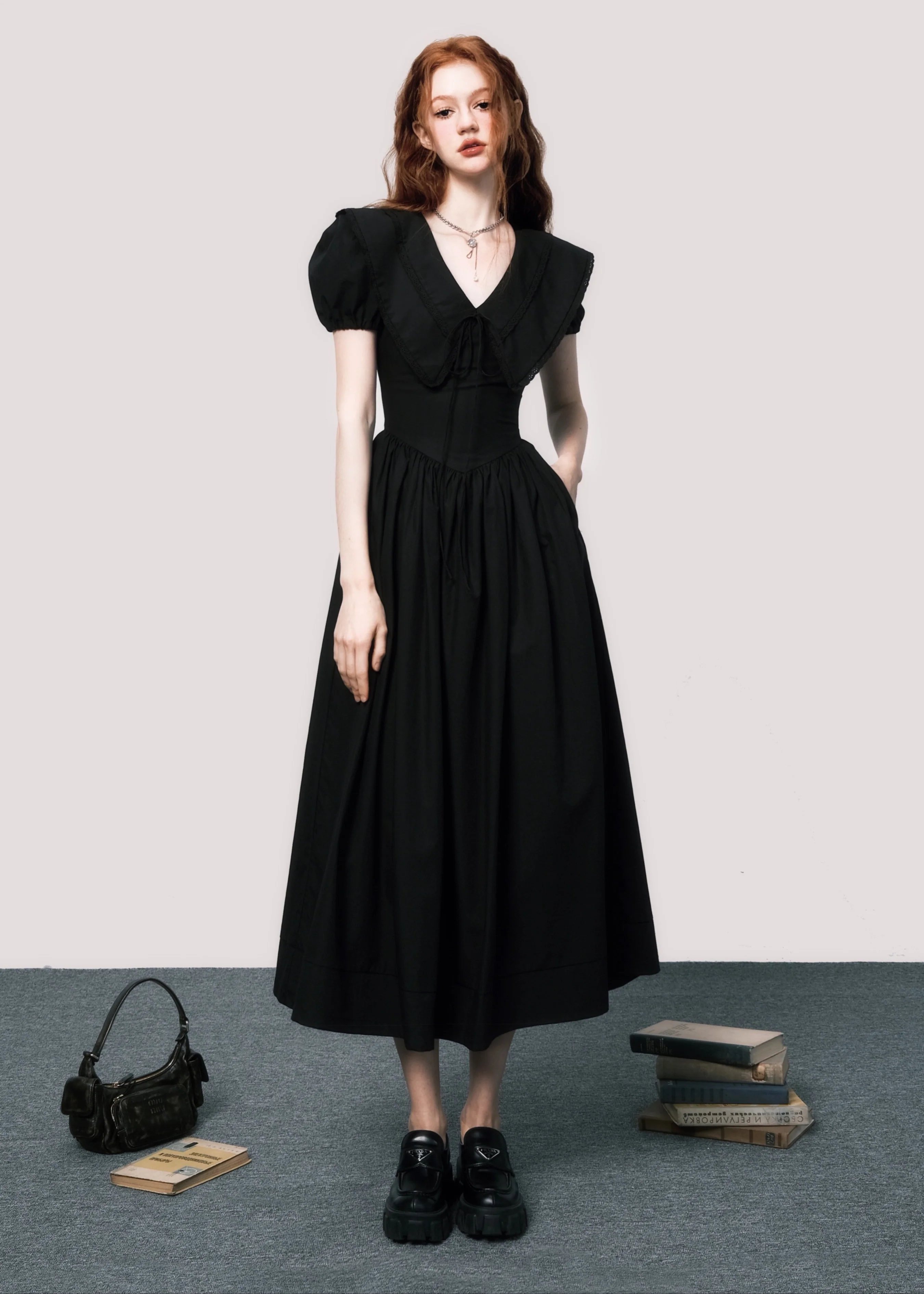 French V-Neck Puff Sleeve Dress - Image 2